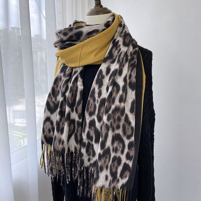 Wholesale Autumn and Winter Leopard Print Color Block Printed Tassel Imitation Cashmere Scarf