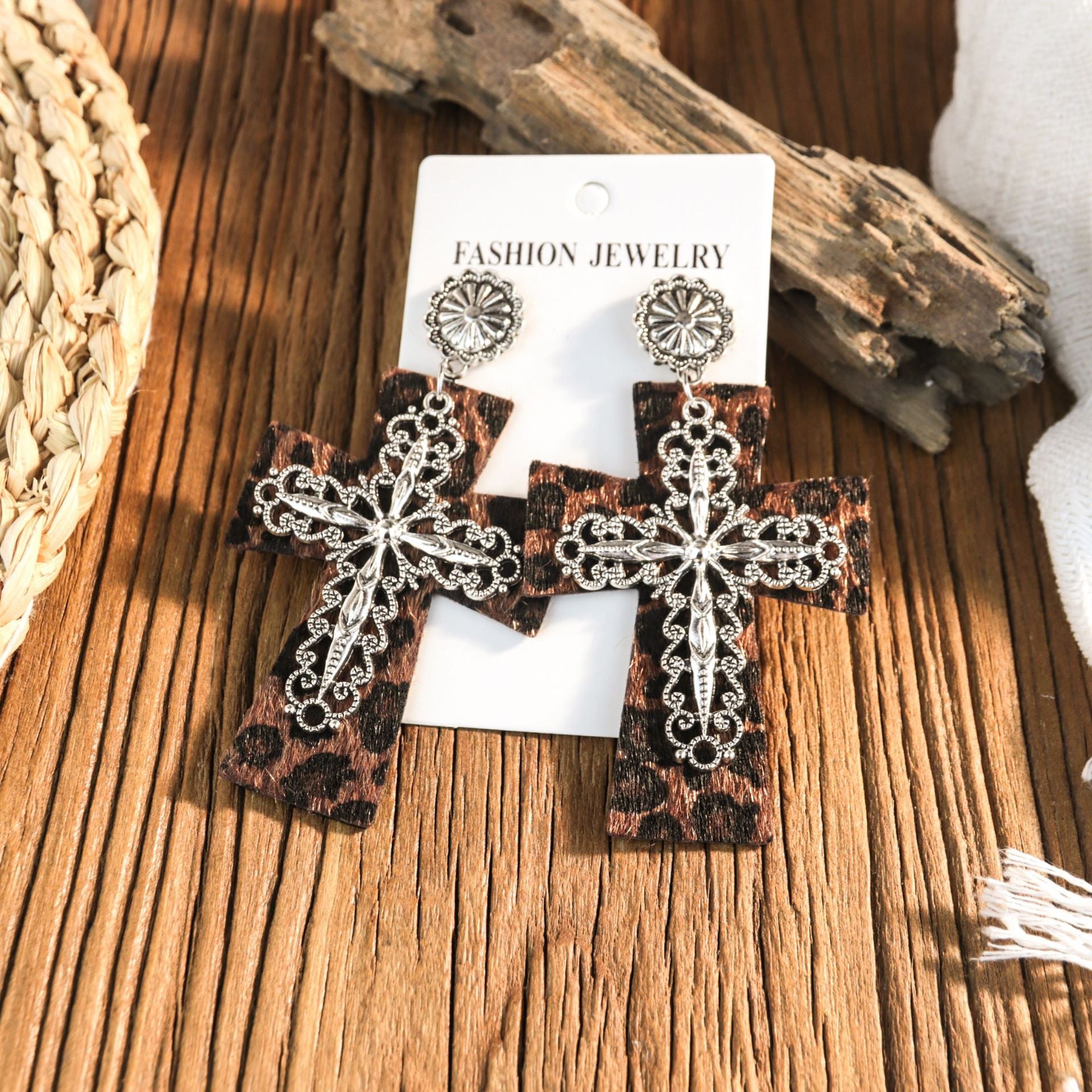 Wholesale Western-style leather leopard print cross earrings