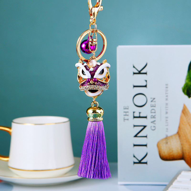 Wholesale Metal Chinese Style Lucky Lion Head Tassel Car Keychain Sapphire Blue Rhinestone Gift For Men Women