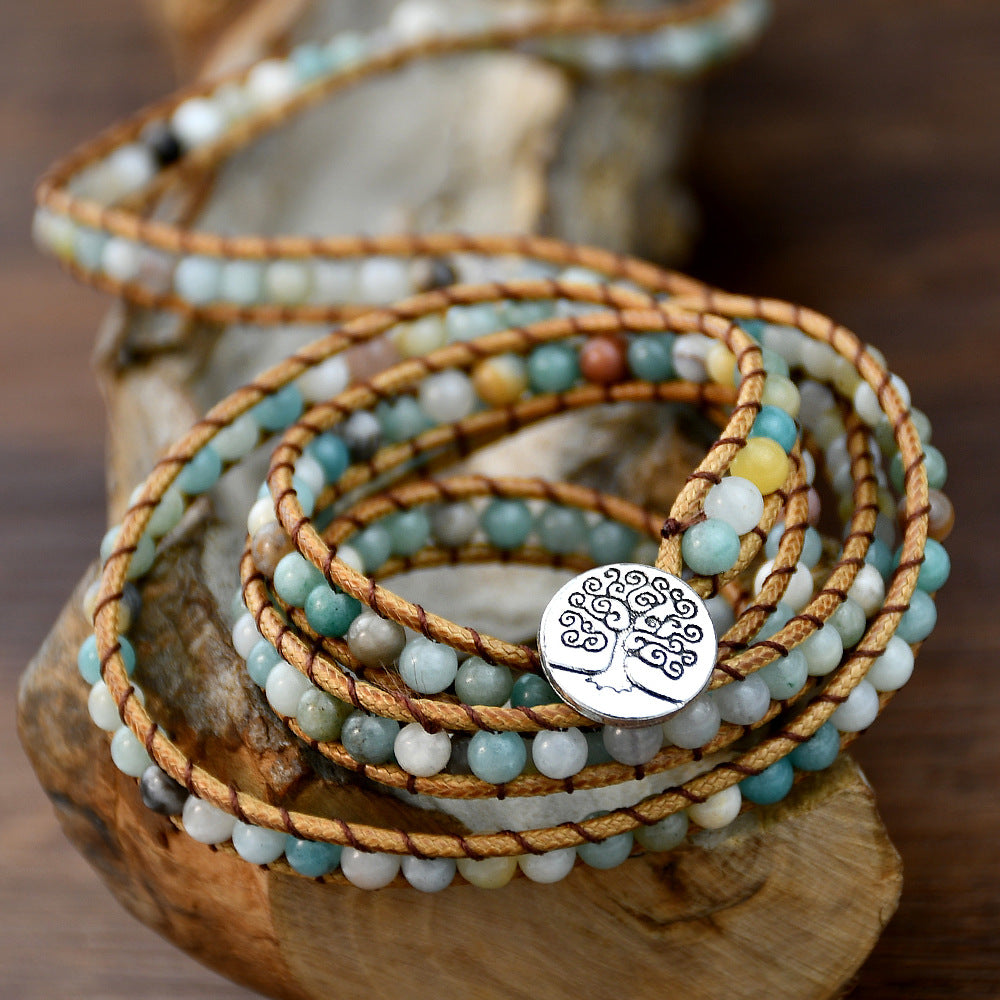 Wholesale Bohemian stone round bead woven 5-layer bracelet