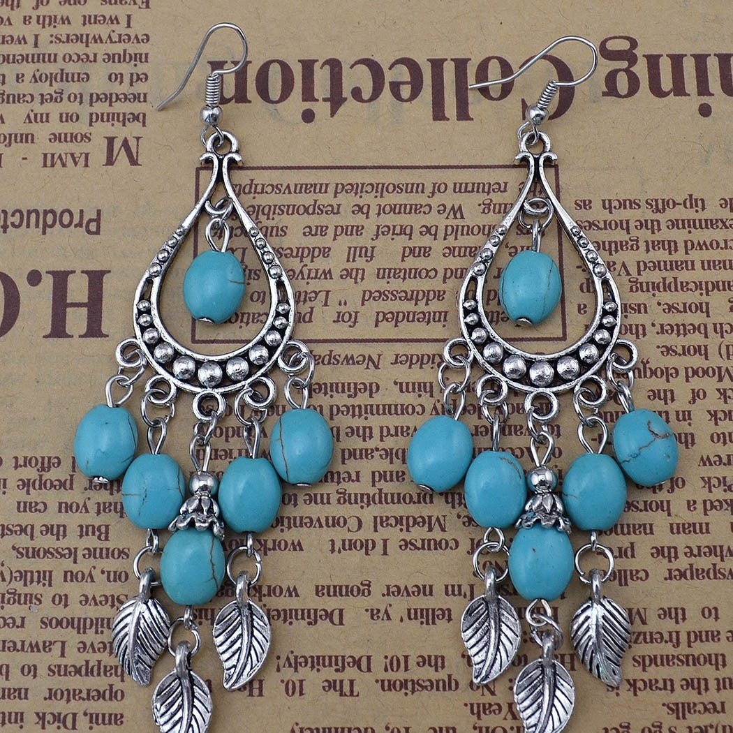 Wholesale Small leaf and twig tassel turquoise earrings