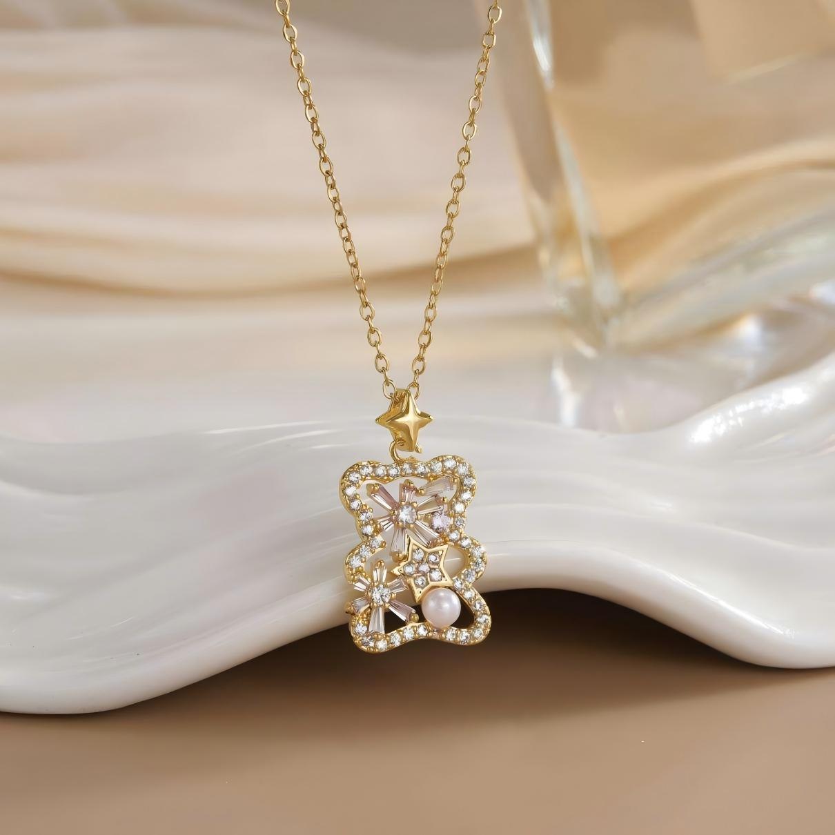 Wholesale plated real gold micro inlaid zircon bear biscuit necklace