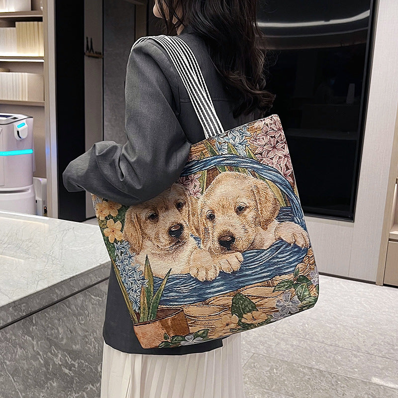 Wholesale Vintage Embroidered Cat Puppy Canvas Bag