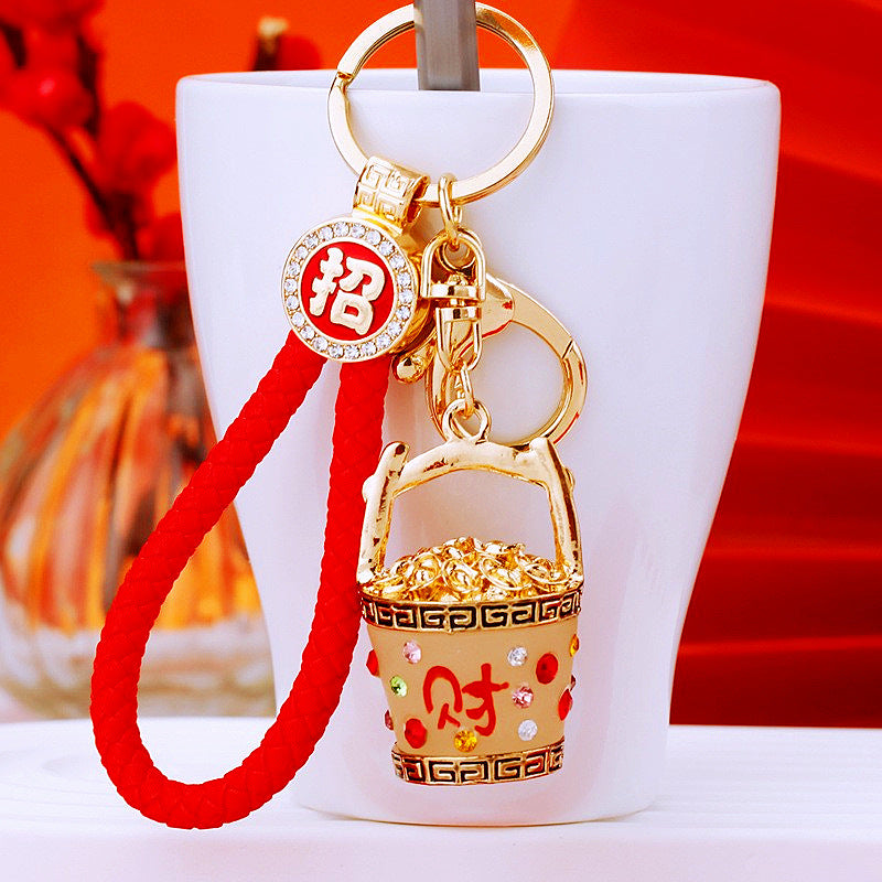 Wholesale Chinese Style Fortune Bucket Keychain Red Zinc Alloy Cornucopia Car Key Ring Decorative Bag Charm Gift