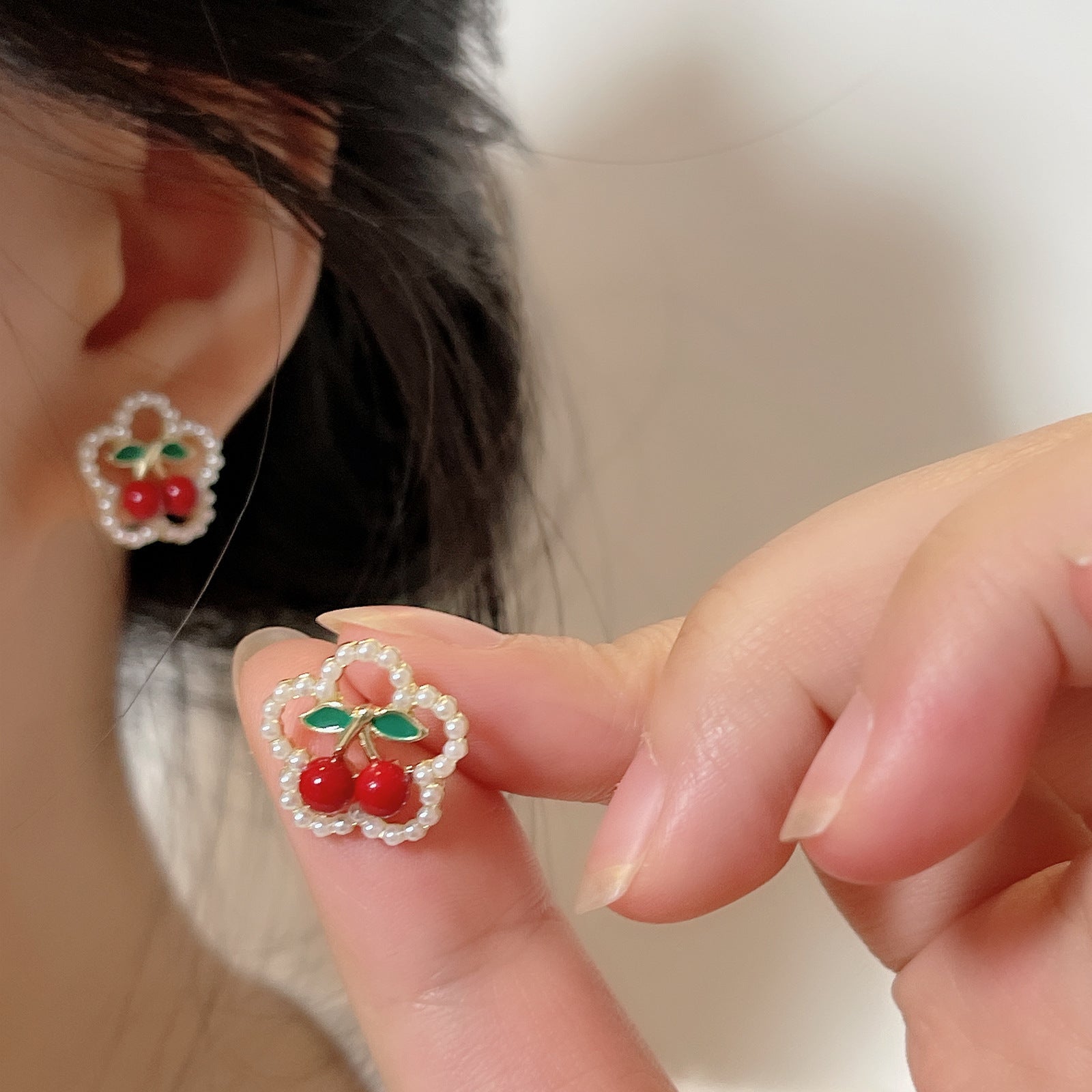 Wholesale Cute Red Cherry Pearl Flower Earrings