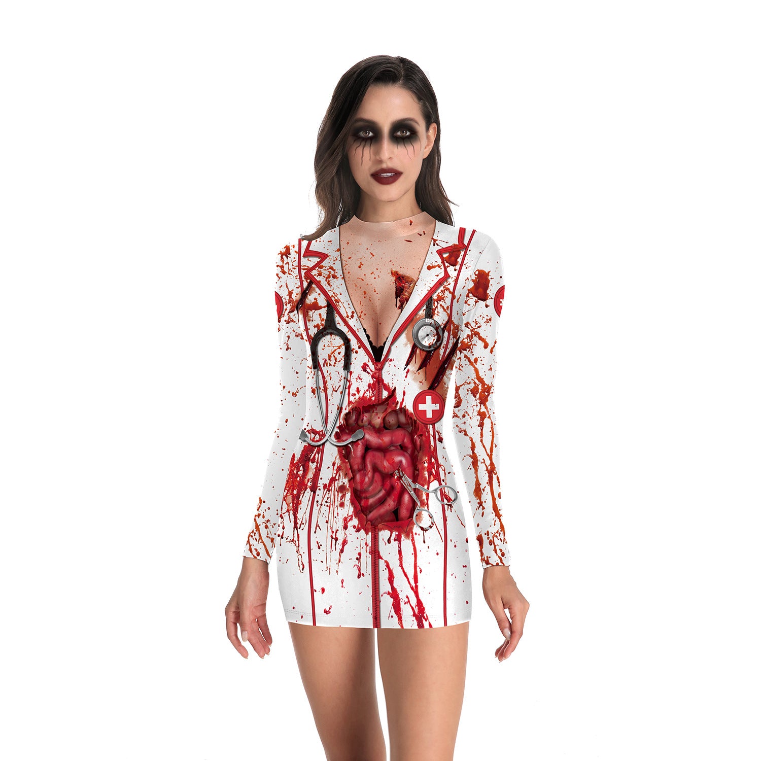 Wholesale Halloween Nurse Zombie Round Neck Slim Long Sleeve Dress