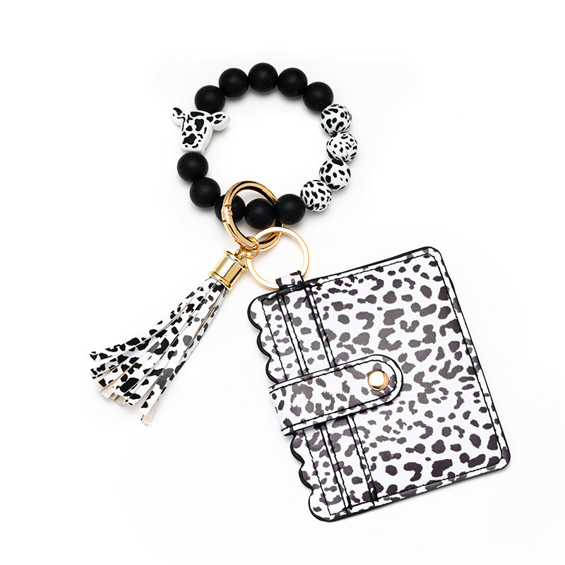 Wholesale Leopard Print Card Holder Silicone Beaded Wrist Keychain