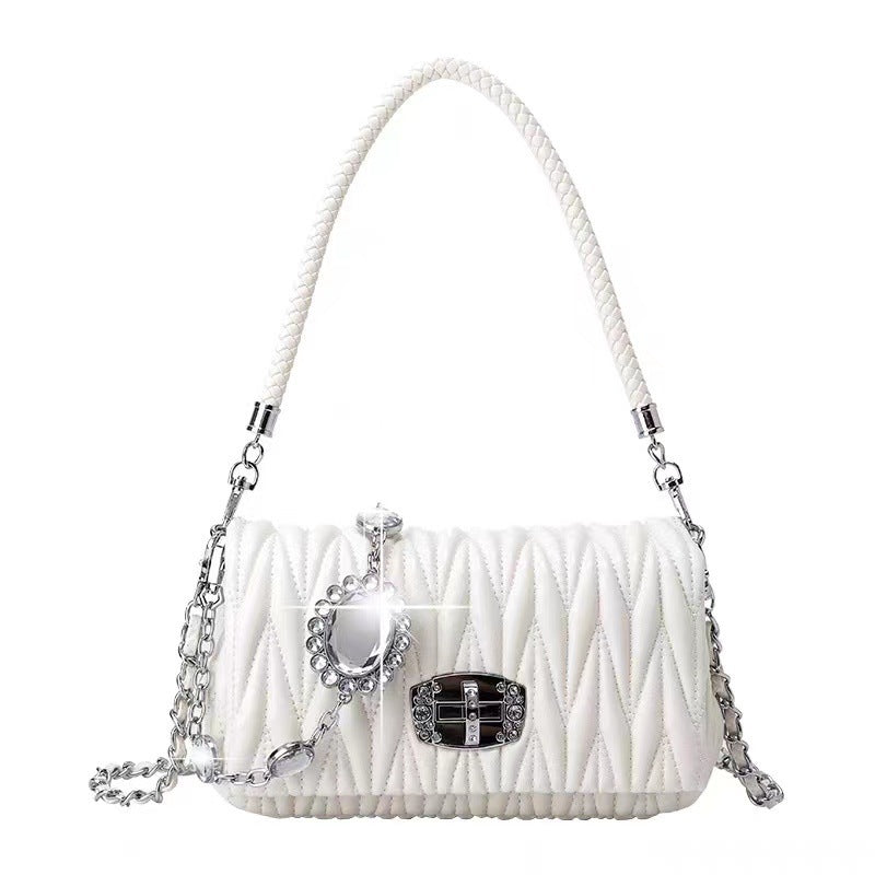 Wholesale Fashionable Versatile Soft Leather Rhinestone Chain Pleated Bag