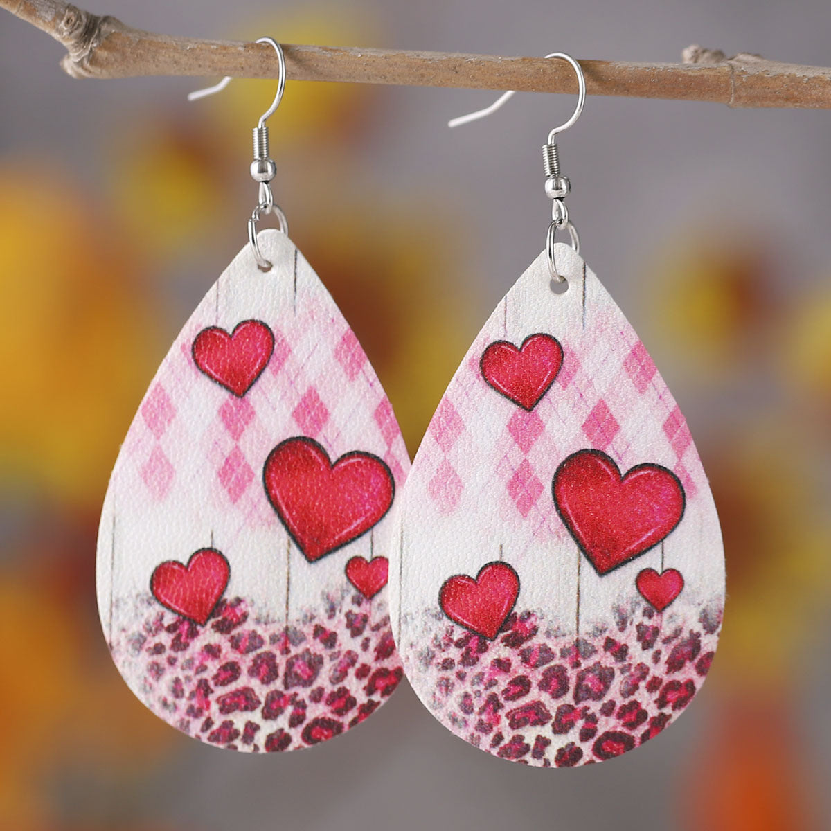 Wholesale Valentine's Day Love Leopard Heart Water Drop Pendant PU Double-sided Valentine's Day Earrings