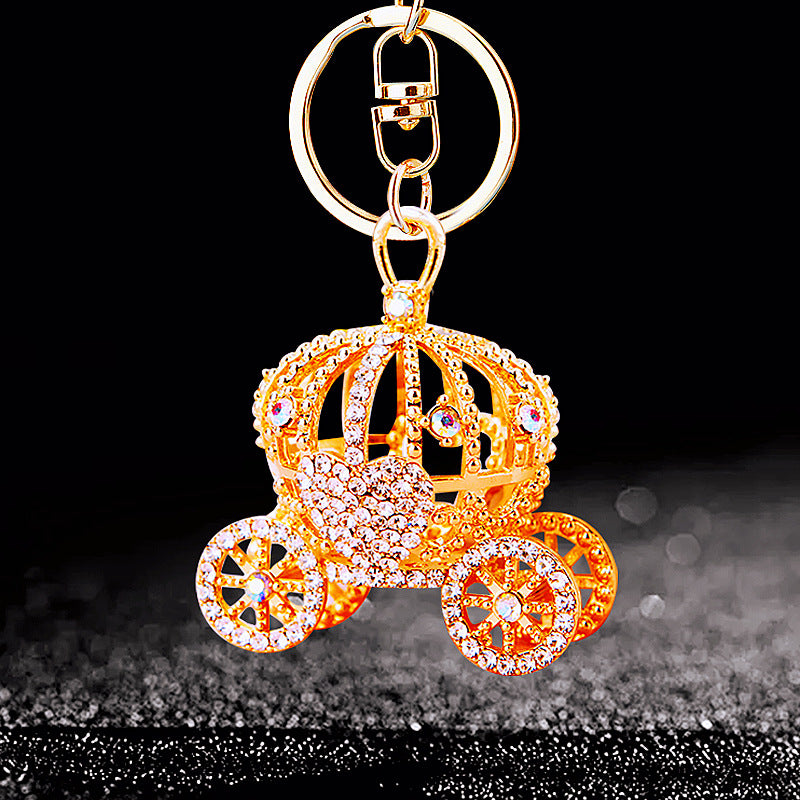 Wholesale Metal Rhinestone Pumpkin Carriage Keychain Bag Charm Pink Car Key Accessory Decorative Gift