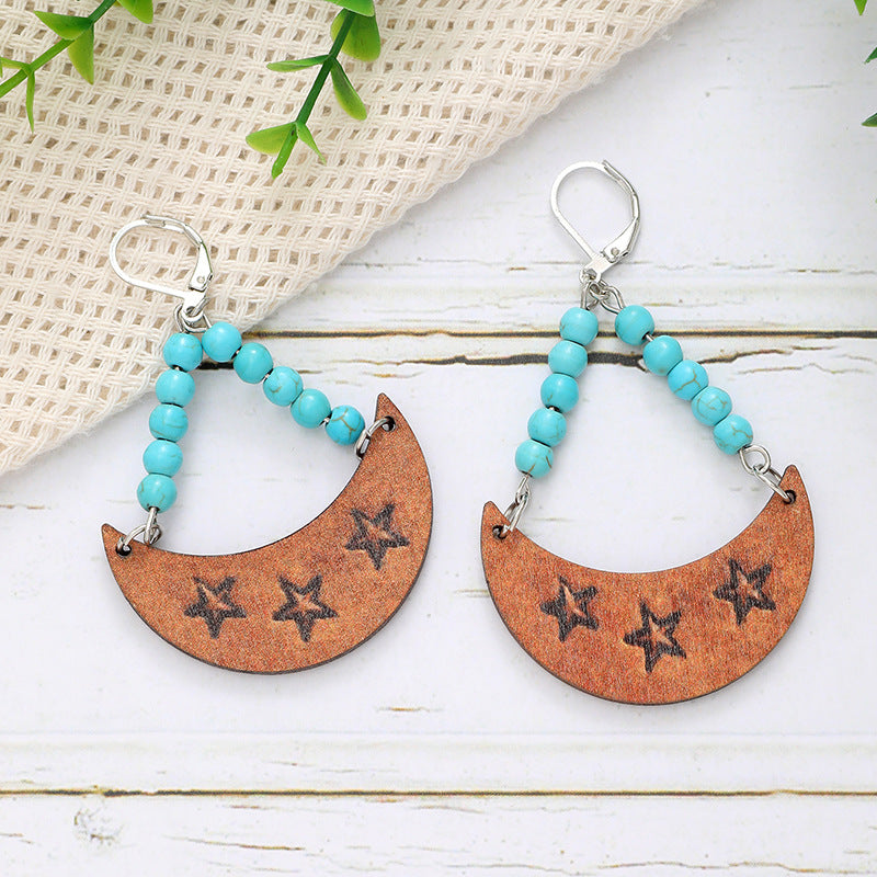 Wholesale Bohemian Moon Star Bee Print Hollow Acrylic Wood Earrings