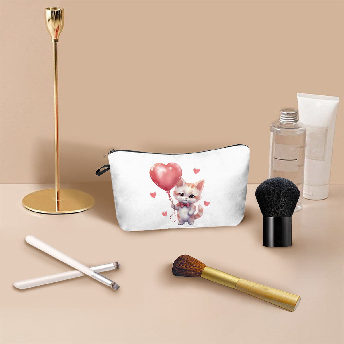 Wholesale Valentine's Day Love Cat Printed Polyester Makeup Bag