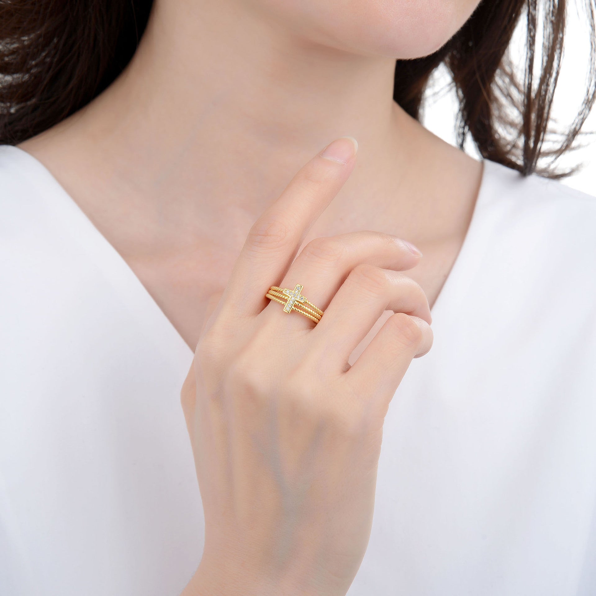 Wholesale Multi-layered Diamond Zircon Cross Open Adjustable Ring