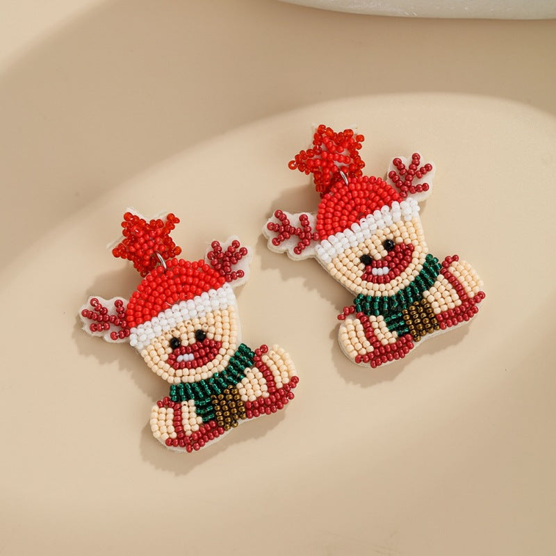 Wholesale Christmas Fabric Felt Christmas Tree Elk Snowman Handmade Rice Bead Earrings