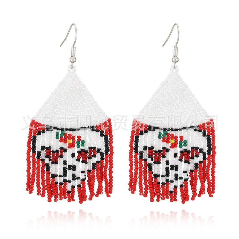 Wholesale Halloween Hand-woven Skull Pumpkin Tassel Rice Bead Earrings