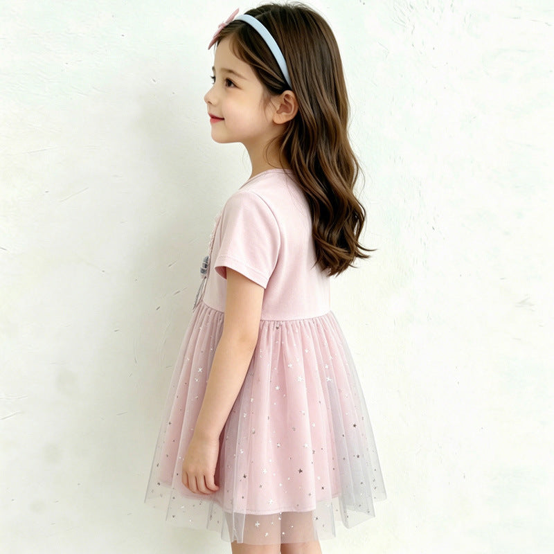 Wholesale Trendy Girls Summer Princess Dress Pink Short Sleeve Star Mesh Tulle Party Wear OLY Exclusive