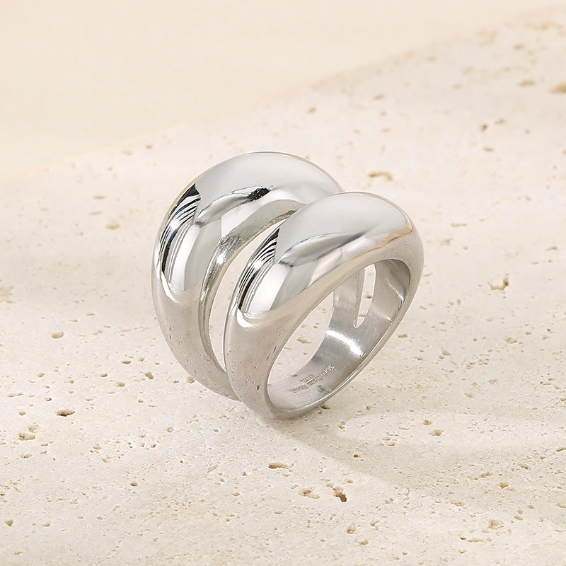 Wholesale Fashion Exaggerated Gold Arc Top Mirror Polished Electroplated 18k Real Gold Titanium Steel Double Row Rings