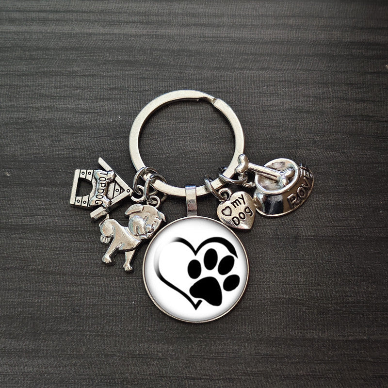 Wholesale Fashion Single Big Heart with Puppy Paw Print Pattern Glass Keychains