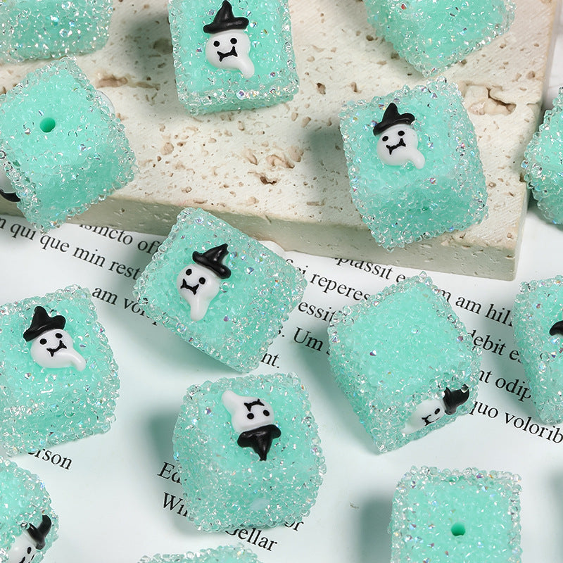 Wholesale 5pcs/pack Rhinestone Halloween Pumpkin Skull Square Sugar Beads