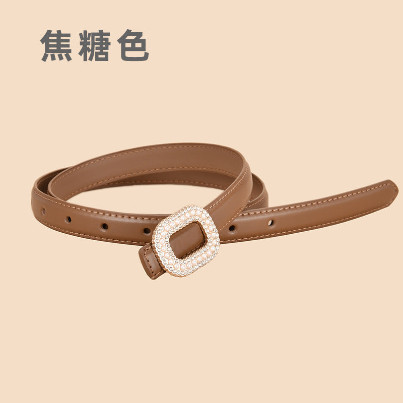 Wholesale Versatile Genuine Leather Belt with Round Buckle Inlaid with Pearls and Rhinestones