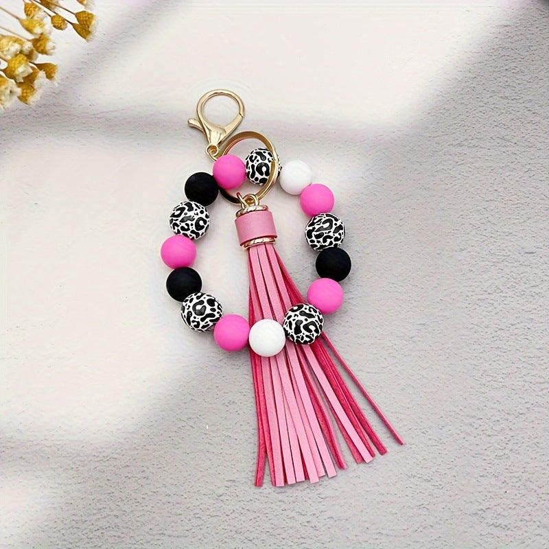 Wholesale 5pcs Leopard Print White Base Wood Beads Wristlet Keychain