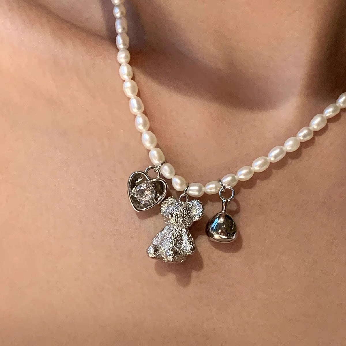 Wholesale Bear Heart Freshwater Pearl Zircon Multi Pendant Necklaces