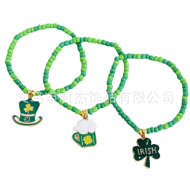 Wholesale St. Patrick's Day Rice Bead Bracelet Simple Green Beaded Clover Bracelet Carnival Jewelry