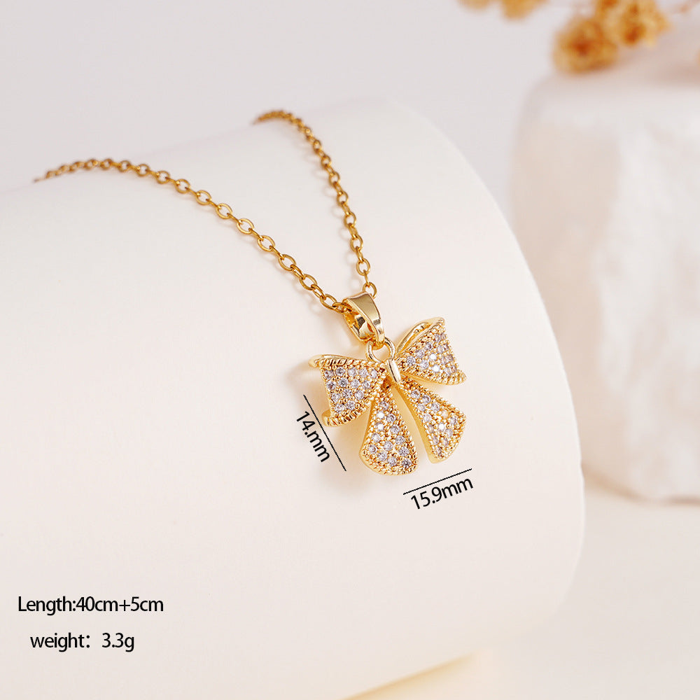 Wholesale Copper Inlaid Zircon Bow Pendant Luxury Versatile Stainless Steel Clavicle Necklace Jewelry