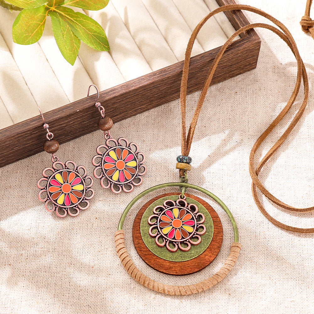 Wholesale Bohemian Flower Earring And Necklace Set Long Tassel Ethnic Style Vacation Jewelry Gift