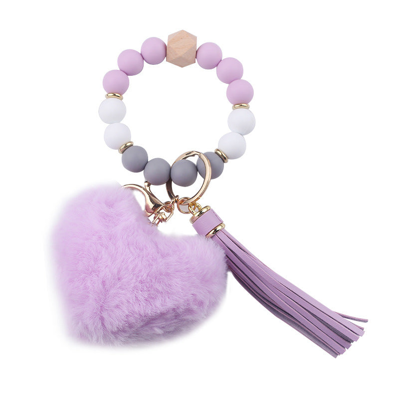 Wholesale Heart Shape Fur Ball Tassel Silicone Beaded Wrist Keychain