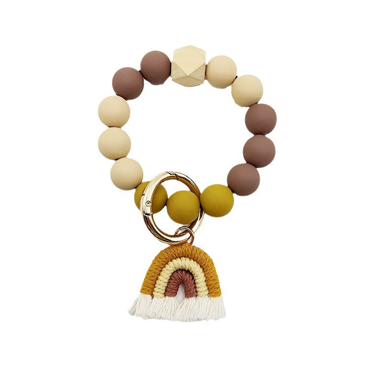 Wholesale Candy Color Silicone Beaded Rainbow Handwoven Tassel Wrist Keychain