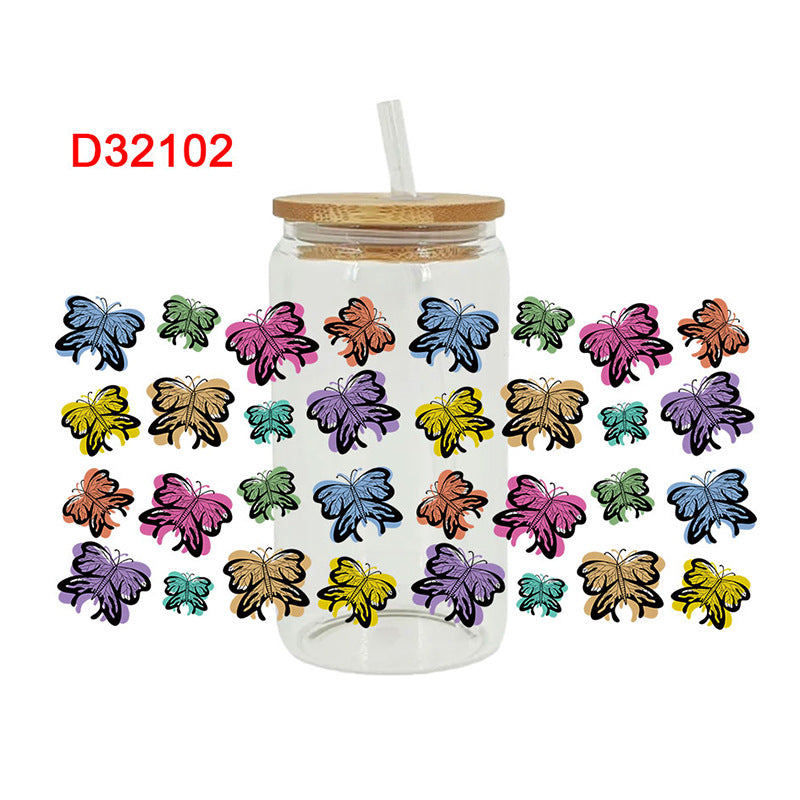Wholesale Colorful Butterfly Flowers 16oz Cup UV DTF Wraps