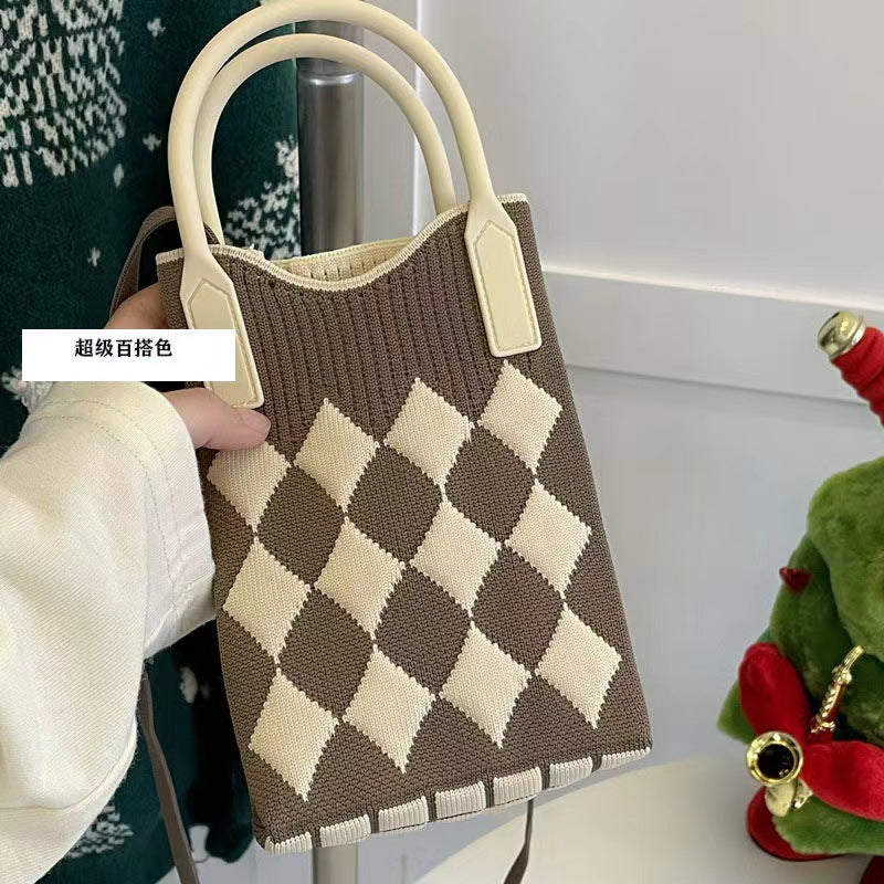 Wholesale Candy Color Mobile Phone Bag Large Capacity Diamond Check Knitted Bag
