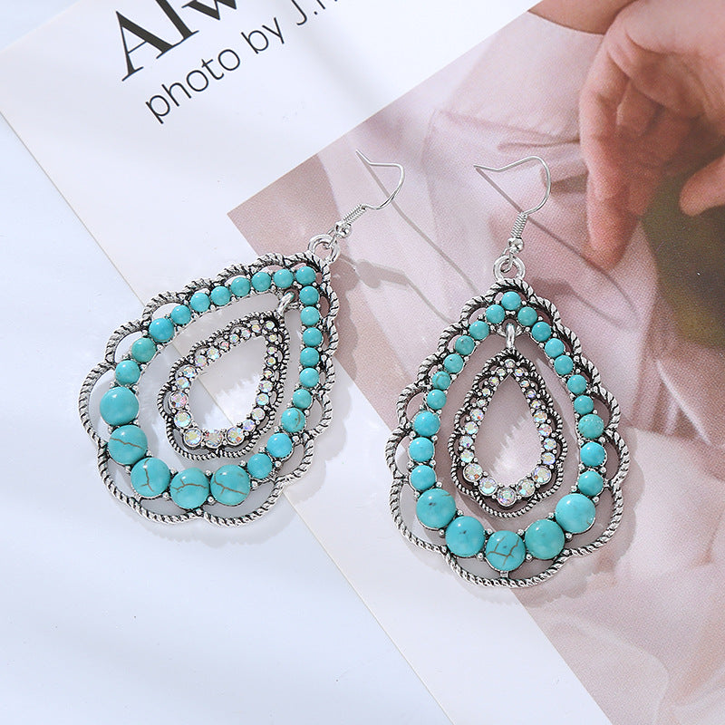 Wholesale Double Layer Water Drop Hollow Inlaid Turquoise Earrings