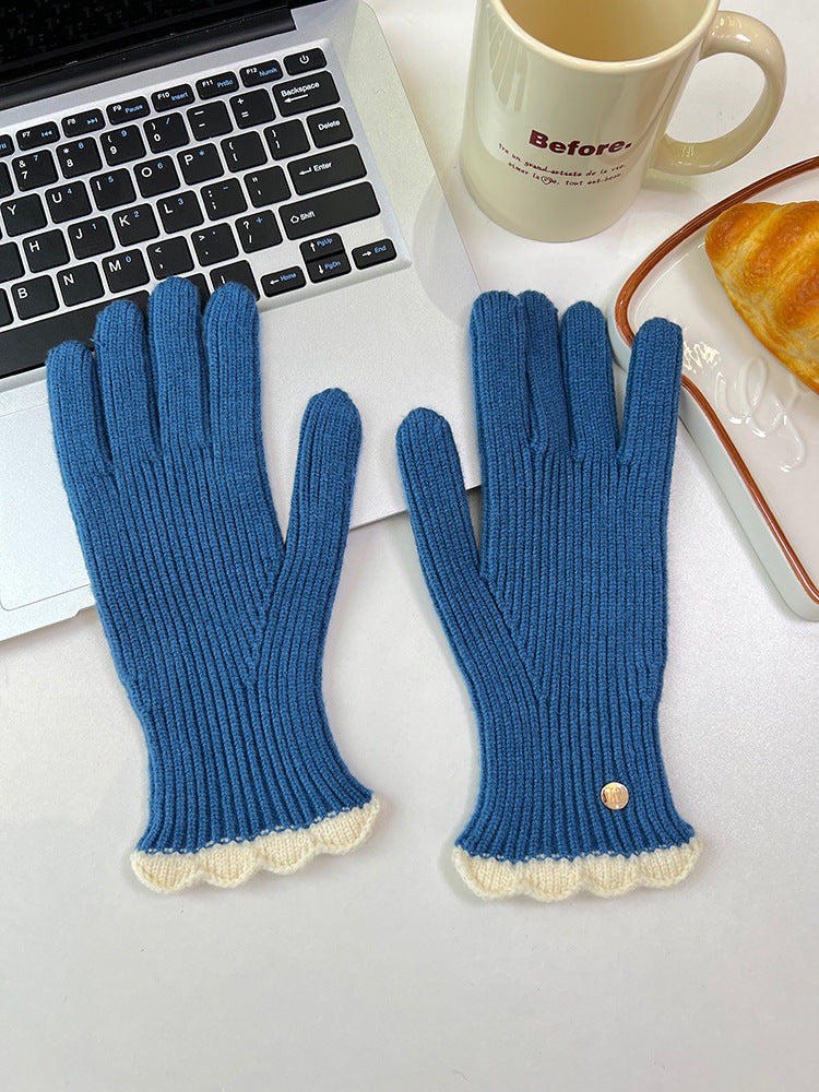 Wholesale Winter Warm Knitted Five-finger Touch Screen Lace Contrasting Color Woolen Gloves