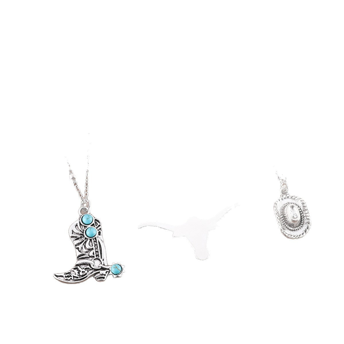 Wholesale Western Denim retro ethnic style imitation turquoise alloy cow's head war boots hat pendant necklace