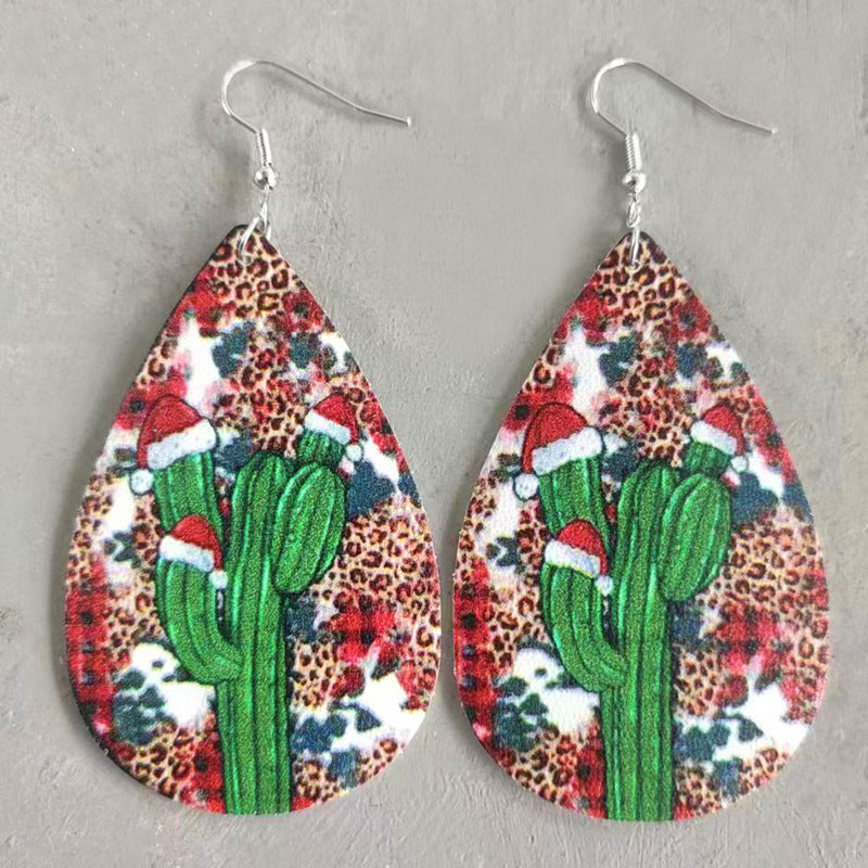 Wholesale Christmas Teardrop Leather Vintage Western Leopard Print Sunflower Cactus Deer Earrings