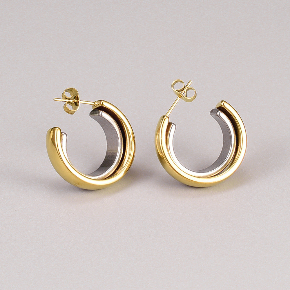 Wholesale Dual Color Overlapping Splicing Double Ring Gold-plated Earrings