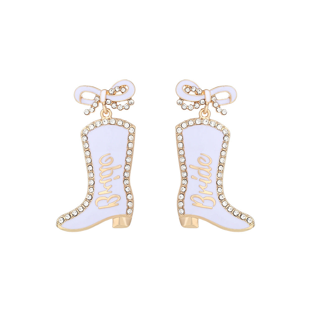 Wholesale Bow Oil Dripping Diamond Western Style BRIDE Cowboy Boot Earrings
