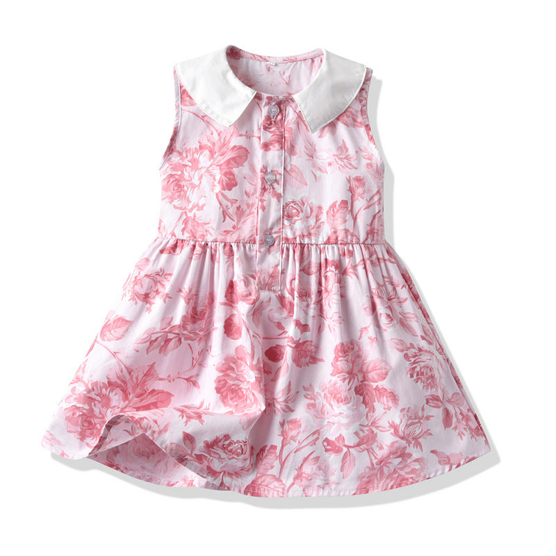 Wholesale Children's Cotton Sleeveless Floral Doll Neck Dresses