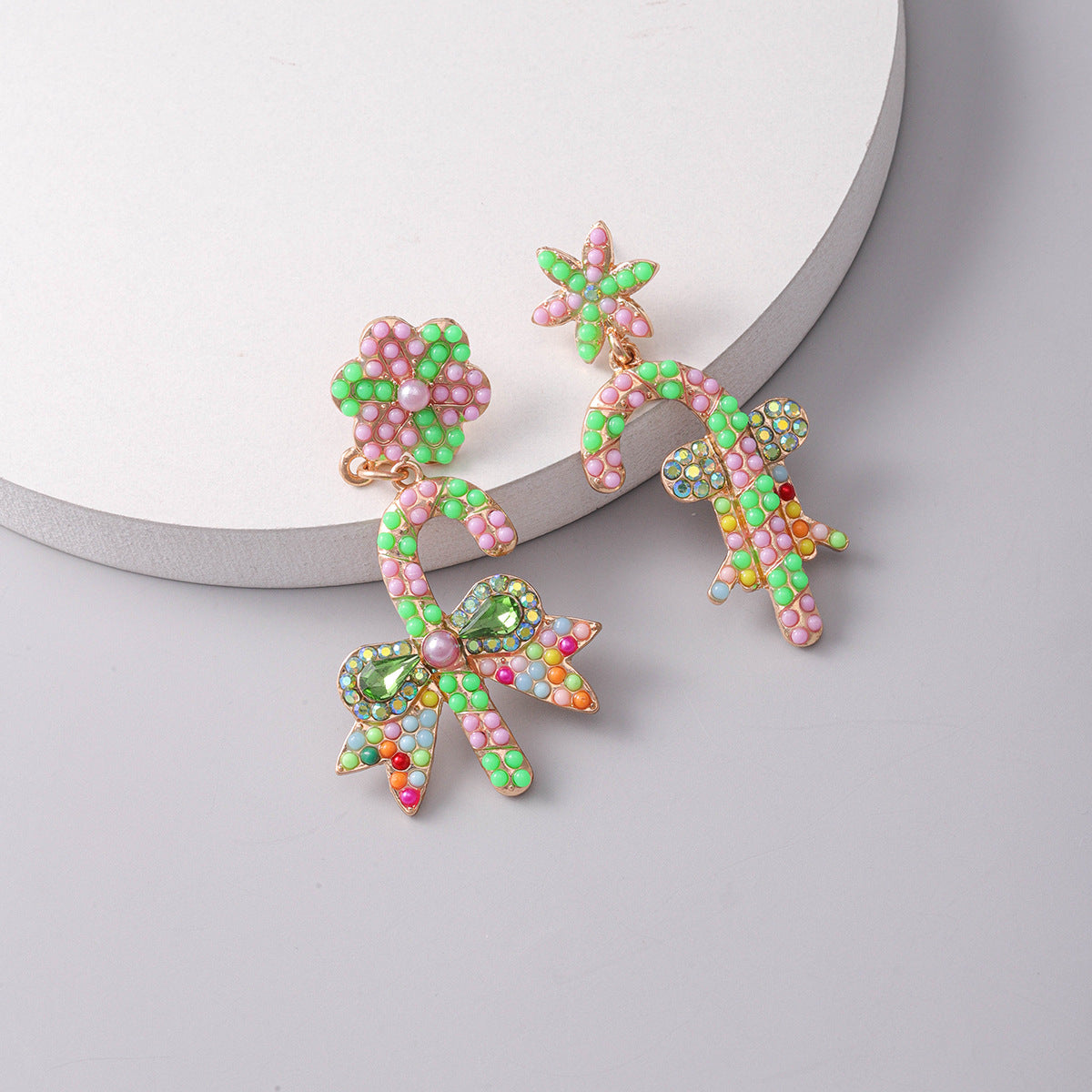 Wholesale Christmas Walking Stick Alloy Diamond and Rice Bead Earrings