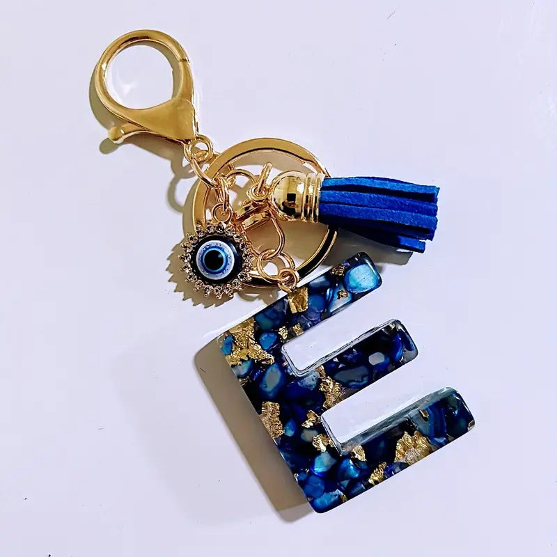 Wholesale Blue English letter Evil Eye tassel keychain