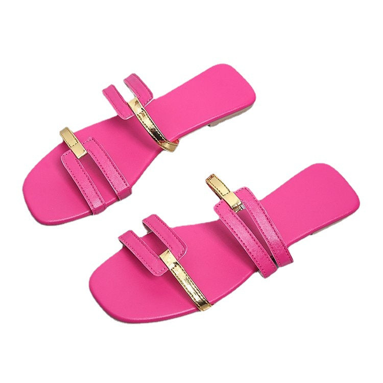 Wholesale PU Color Block Fashion Flat Slippers