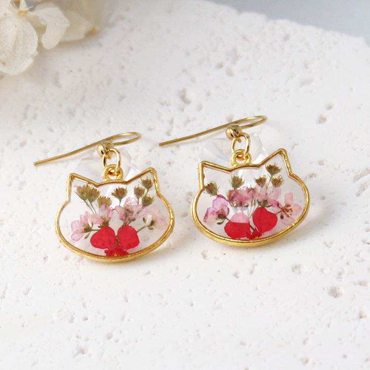 Wholesale New cat head flower earrings color real flower glue French earrings eternal flower jewelry cute gift