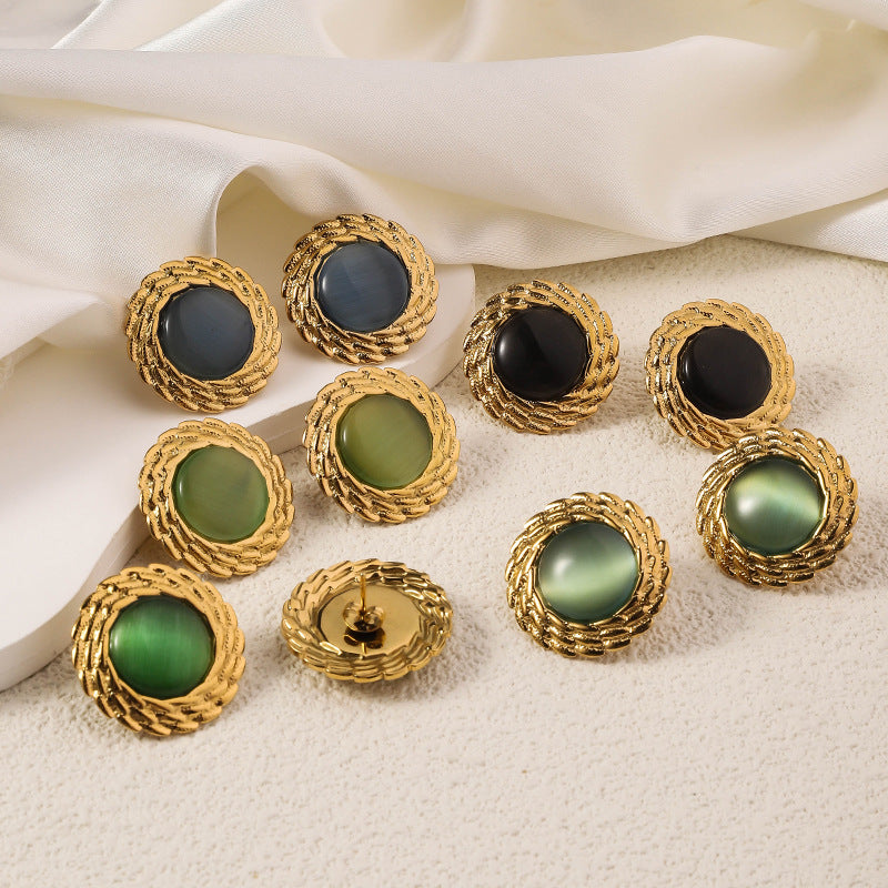 Wholesale Antique Multicolor Round Fried Dough Twists Plated 18k Gold Opal Stainless Steel Earrings