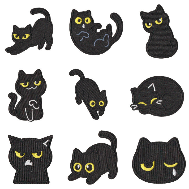 Wholesale Chic Black Cat Embroidered Patches Iron On Funny Mood Cat Set Of 9 For Clothing Repair And et Decoration
