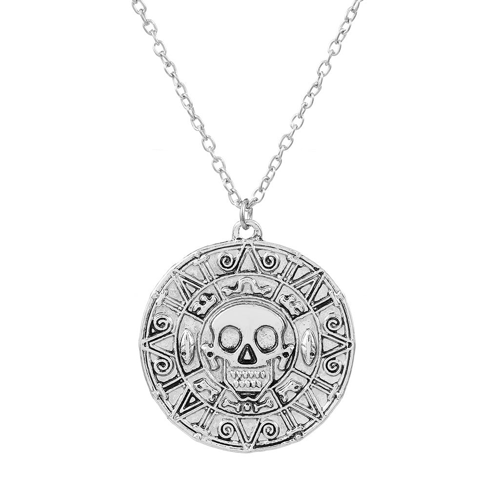 Wholesale Jewelry Pirates of the Caribbean Necklace  Gold Coin Chain Men Skull Necklace Pendant