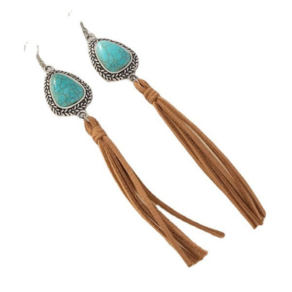 Wholesale Retro T-shaped turquoise tassel coffee-colored earrings