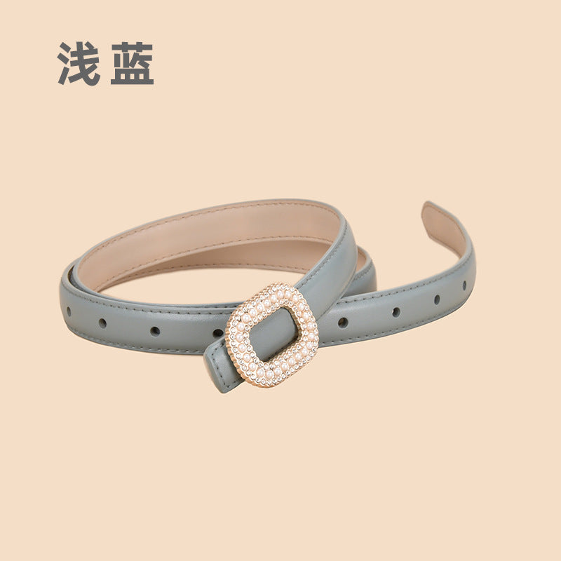 Wholesale Versatile Genuine Leather Belt with Round Buckle Inlaid with Pearls and Rhinestones