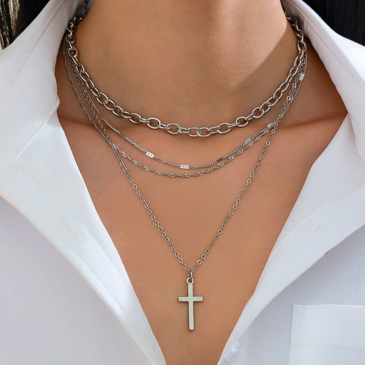 Wholesale Simple Metal Cross Versatile Multi-layered Chain Necklace